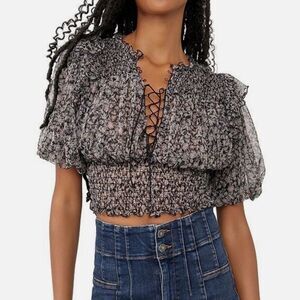 Free People Beatrice Smocked Floral Mesh Semi Sheer Top Size S